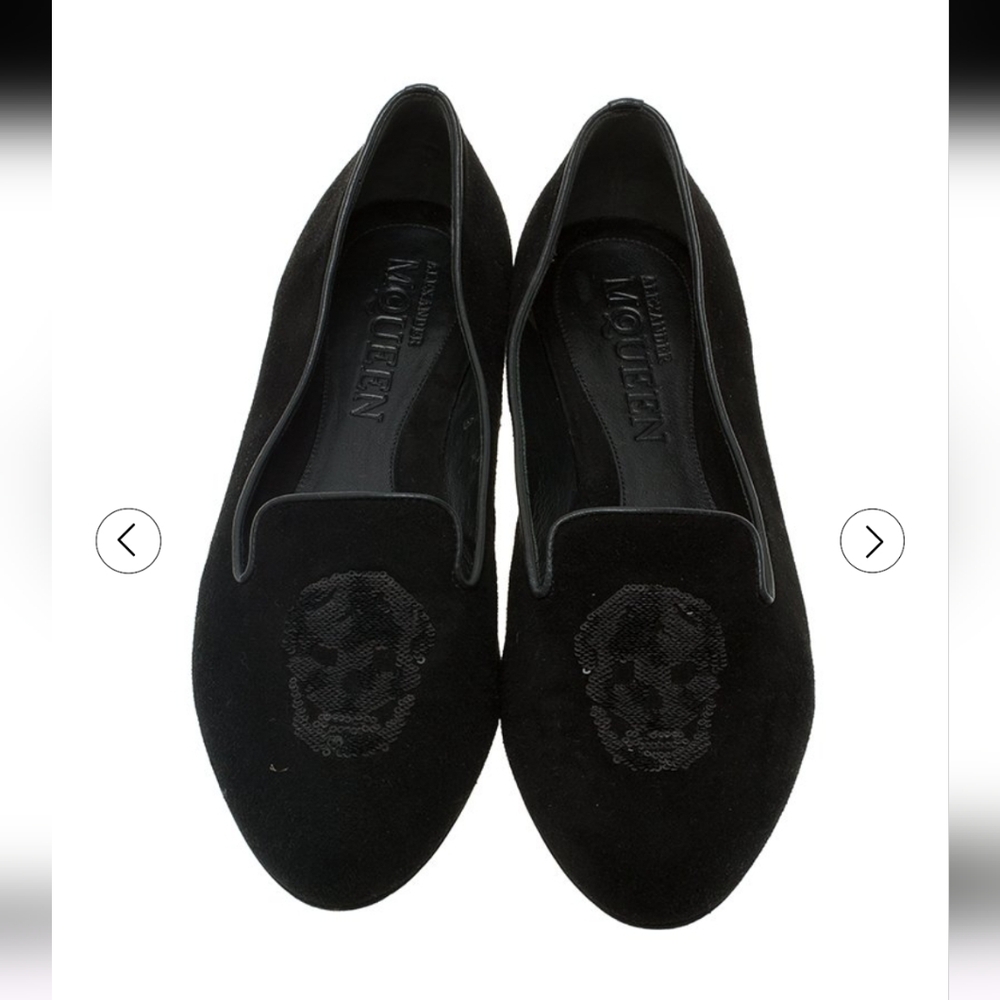 Alexander McQueen Black Suede Sequin Skull Smoking Slippers